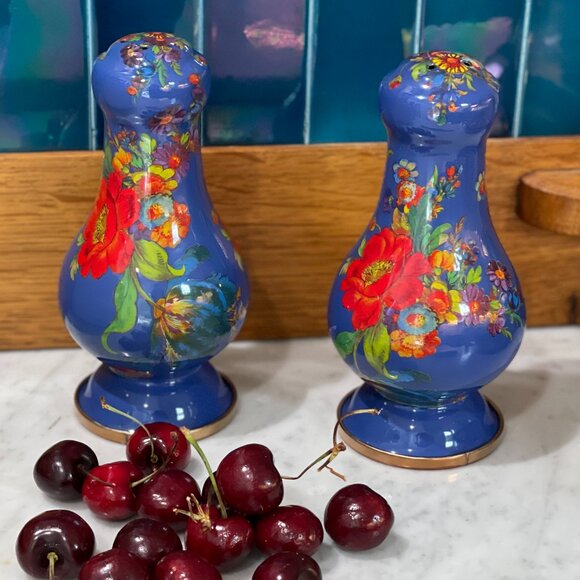 MacKenzie-Childs Large Blue Lapis Flower Market SALT AND PEPPER SHAKERS - Picture 10 of 11